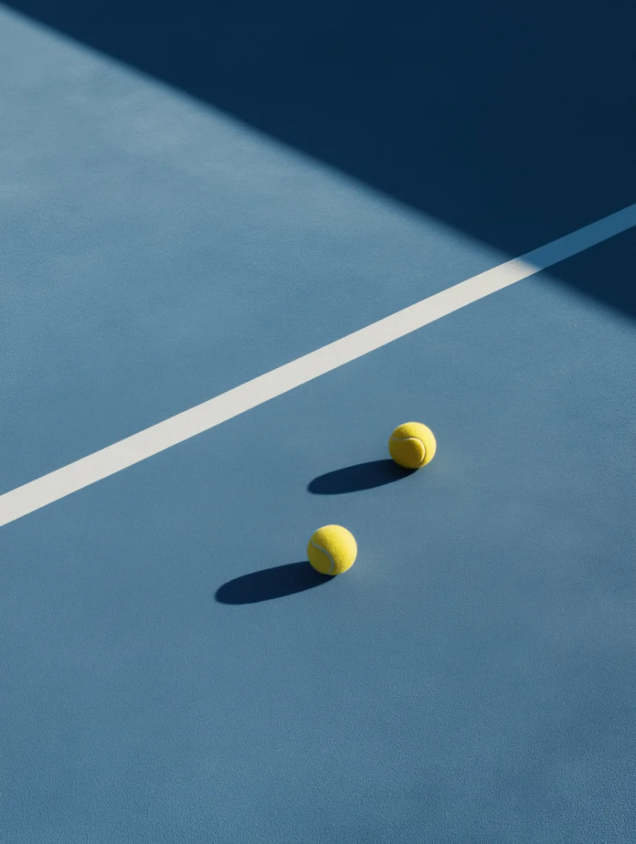 A tennis court from above, pale balls scattered on blue ground.
