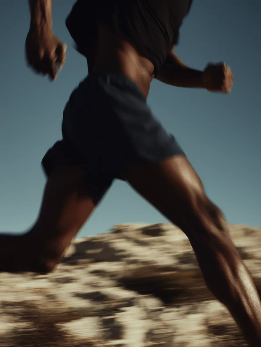 A runner mid-stride across sunlit sand, the whole frame pulled sideways by motion blur.